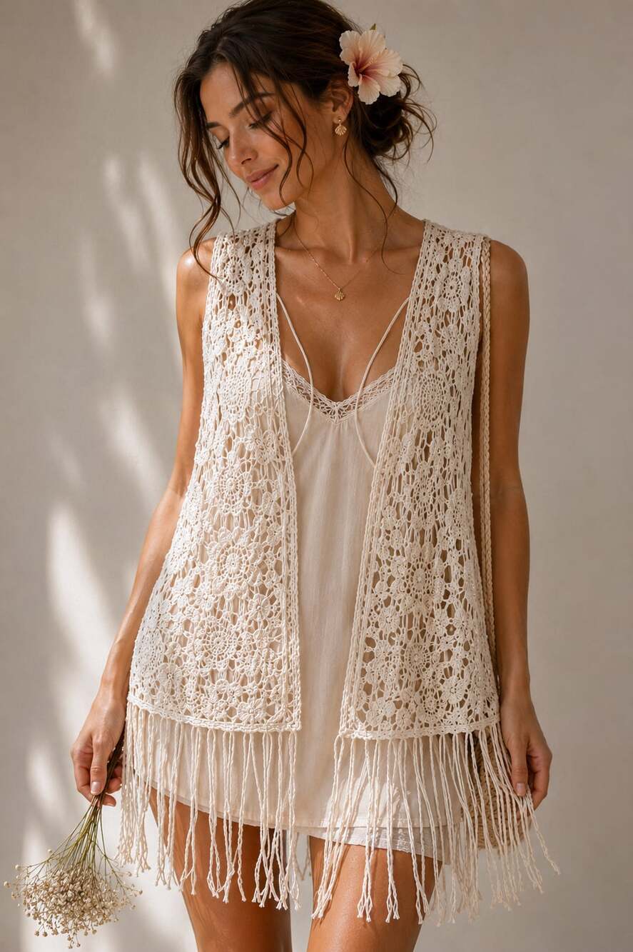 Paisley Road Cotton Crochet Lace Fringe Vest Boho Festival Open Front Size M/L